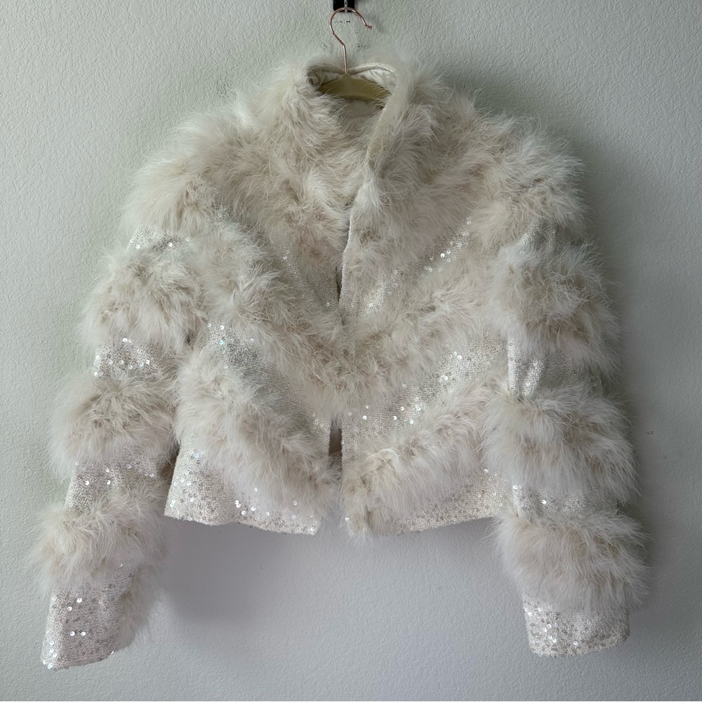LOVESHACKFANCY Curran Feather Sequin Jacket in Cr… - image 3